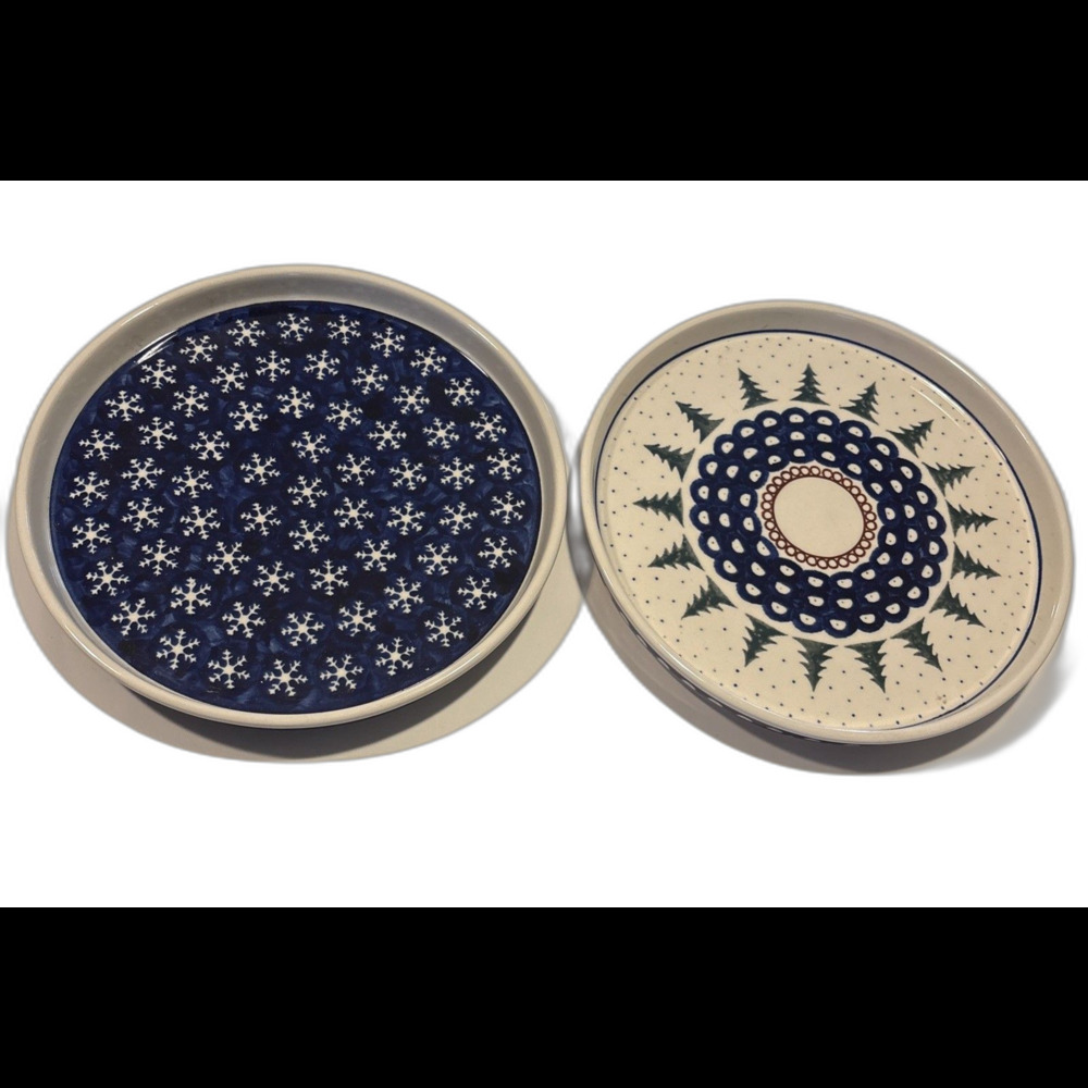 NWT Boleslawiec Polish Pottery Stars Pines Snowflakes Serving Plates 9.5” Set 2